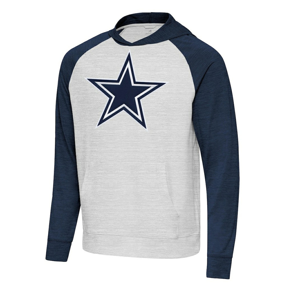 Dallas Cowboys Antigua Urgent Raglan Pullover Hoodie Heather Gray/Heather Navy - NFL