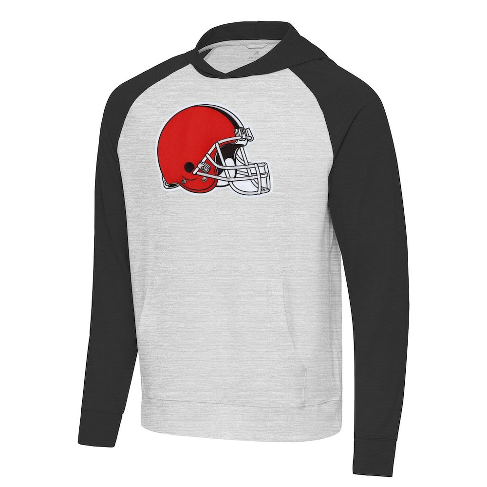 Cleveland Browns Antigua Urgent Raglan Pullover Hoodie Heather Gray/Black - NFL