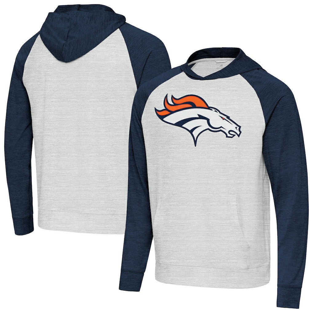Denver Broncos Antigua Urgent Raglan Pullover Hoodie Heather Gray/Heather Navy - NFL