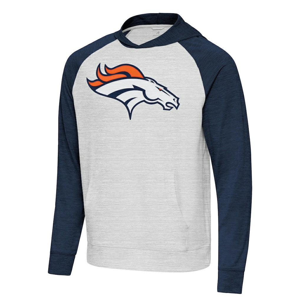 Denver Broncos Antigua Urgent Raglan Pullover Hoodie Heather Gray/Heather Navy - NFL
