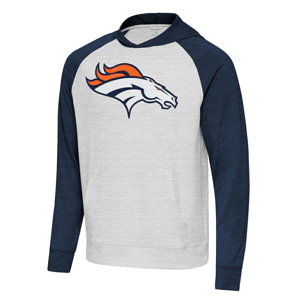 Denver Broncos Antigua Urgent Raglan Pullover Hoodie Heather Gray/Heather Navy - NFL