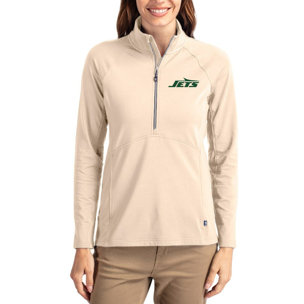 New York Jets Cutter & Buck Women's Adapt Eco Knit Stretch Recycled Raglan Half-Zip Pullover Tan - NFL