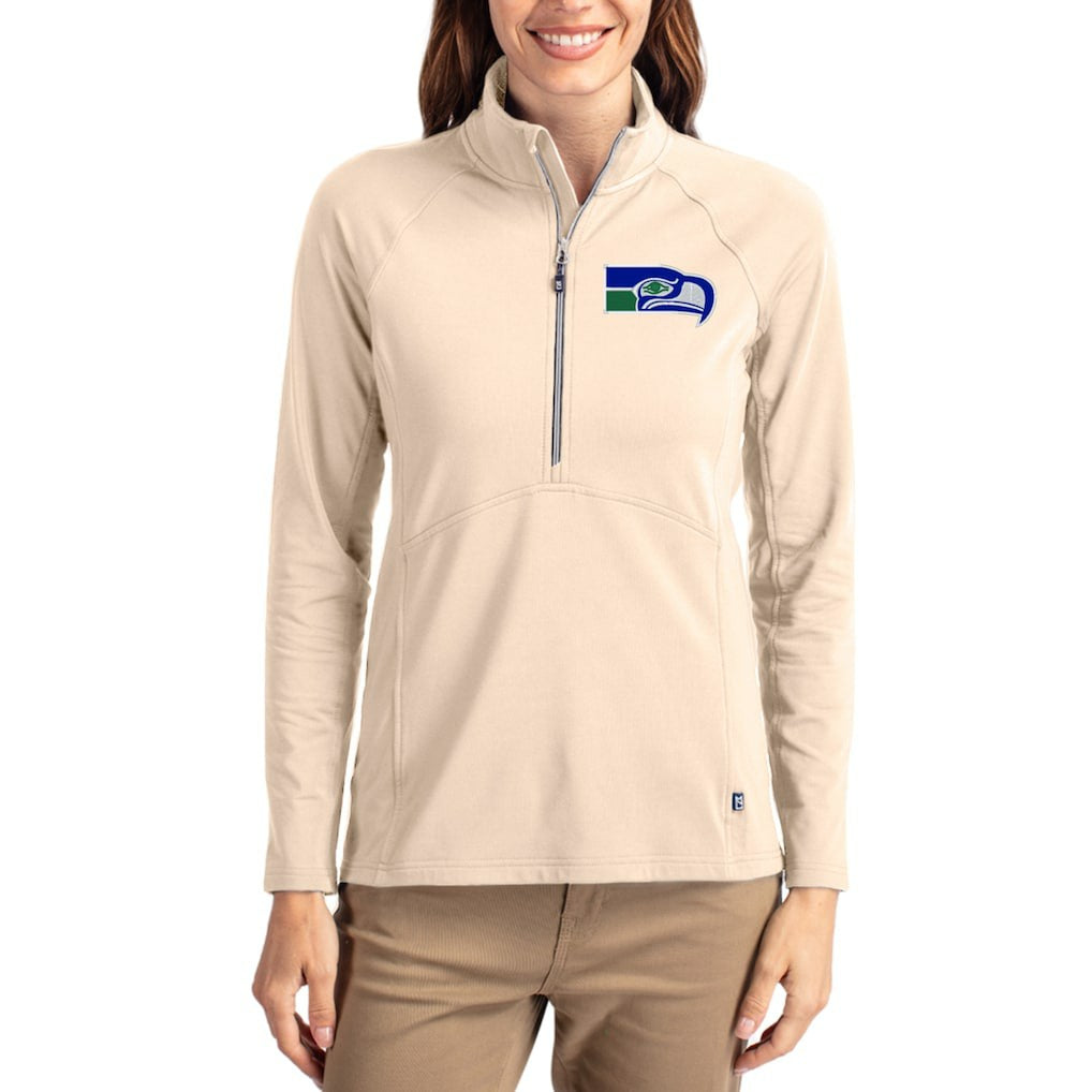 Seattle Seahawks Cutter & Buck Women's Throwback Adapt Eco Knit Stretch Recycled Raglan Half-Zip Pullover Tan - NFL