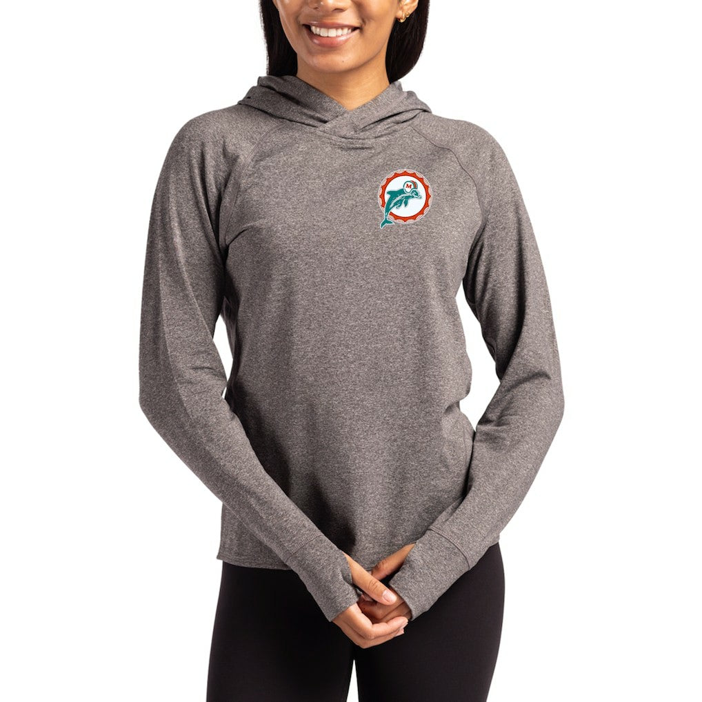 Miami Dolphins Cutter & Buck Women's Throwback Logo Adapt Knit Recycled Raglan Pullover Hoodie Heather Charcoal - NFL