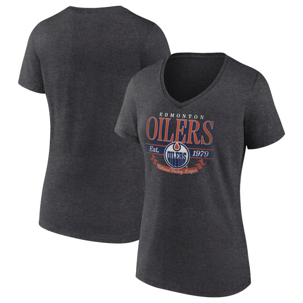 Edmonton Oilers - Women's Retro Banner V-Neck T-Shirt Charcoal