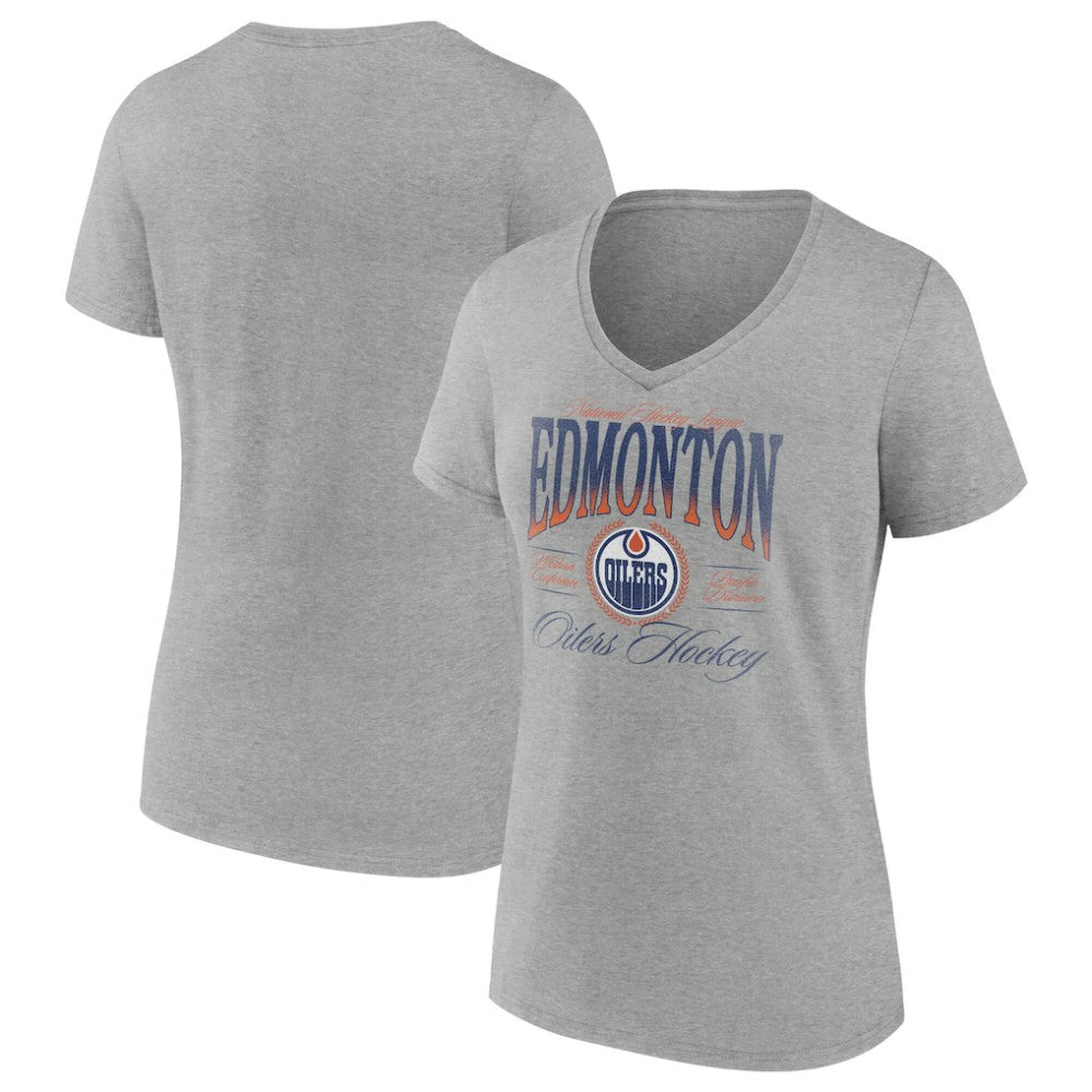 Edmonton Oilers - Women's Retro Script V-Neck T-Shirt Gray