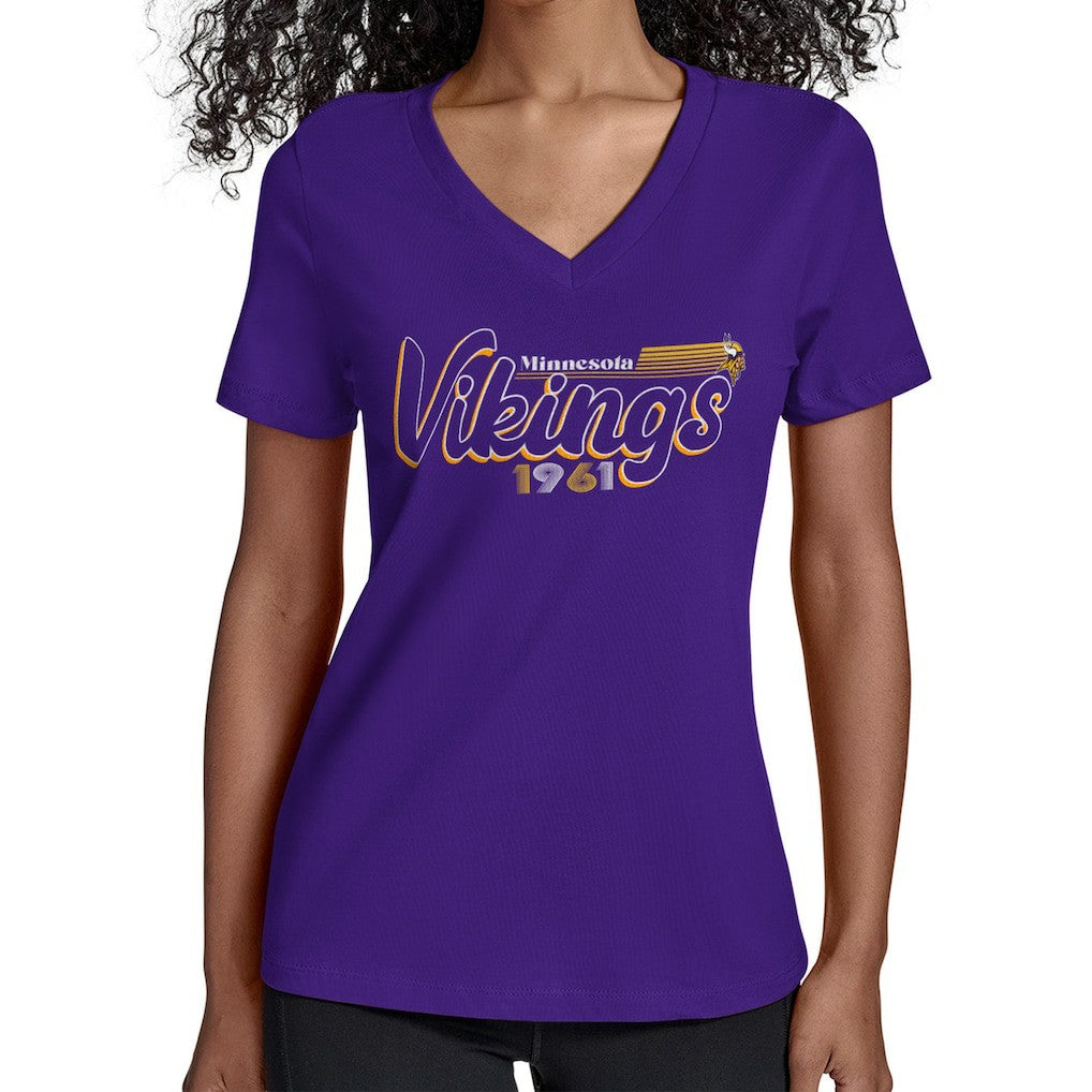 Minnesota Vikings Starter Women's Groovy Script V-Neck T-Shirt Purple - NFL