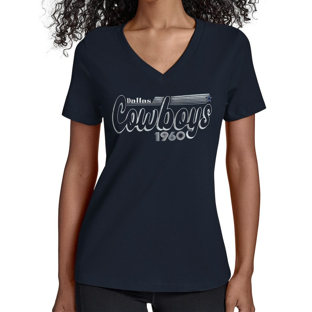 Dallas Cowboys Starter Women's Groovy Script V-Neck T-Shirt Navy - NFL