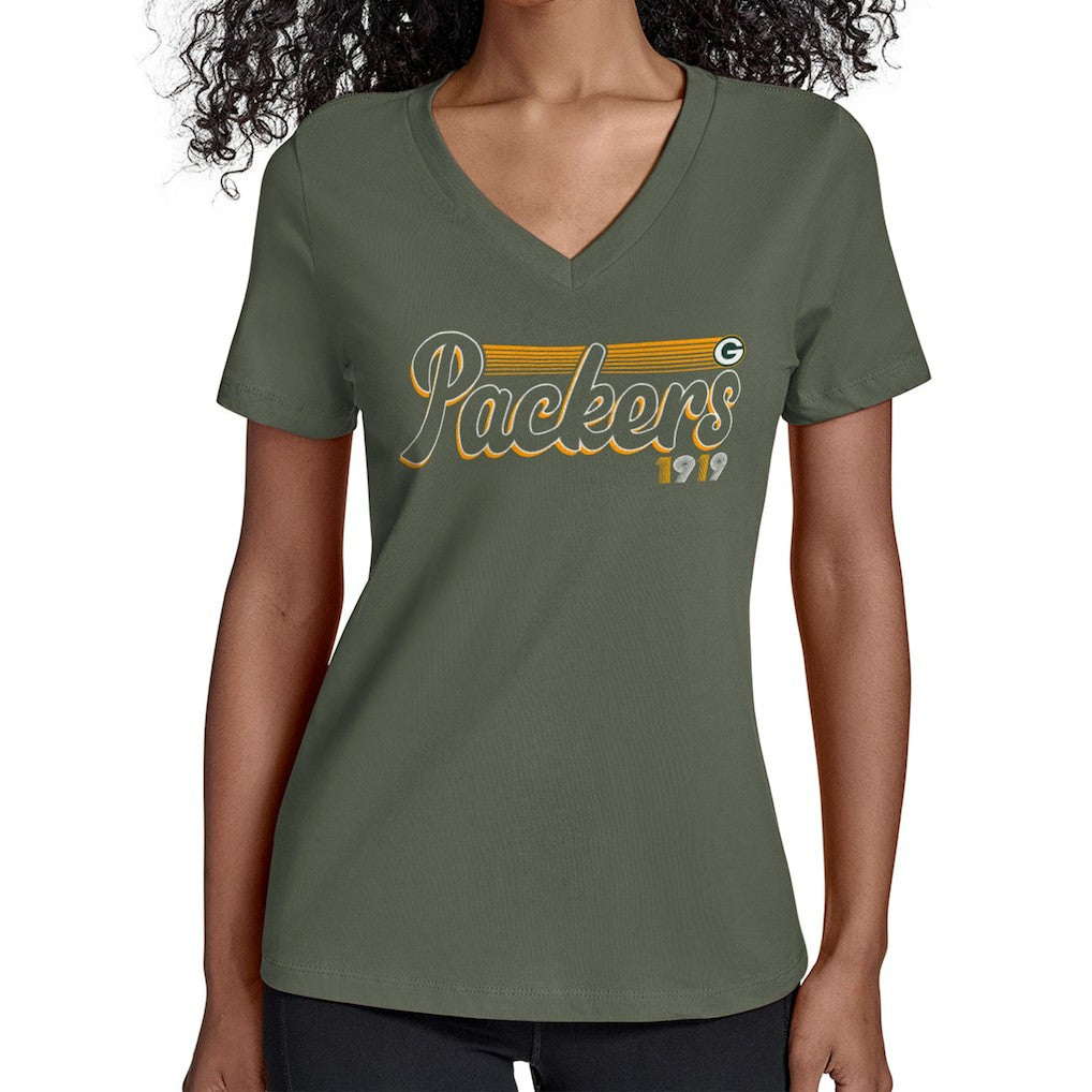 Green Bay Packers Starter Women's Groovy Script V-Neck T-Shirt Green - NFL