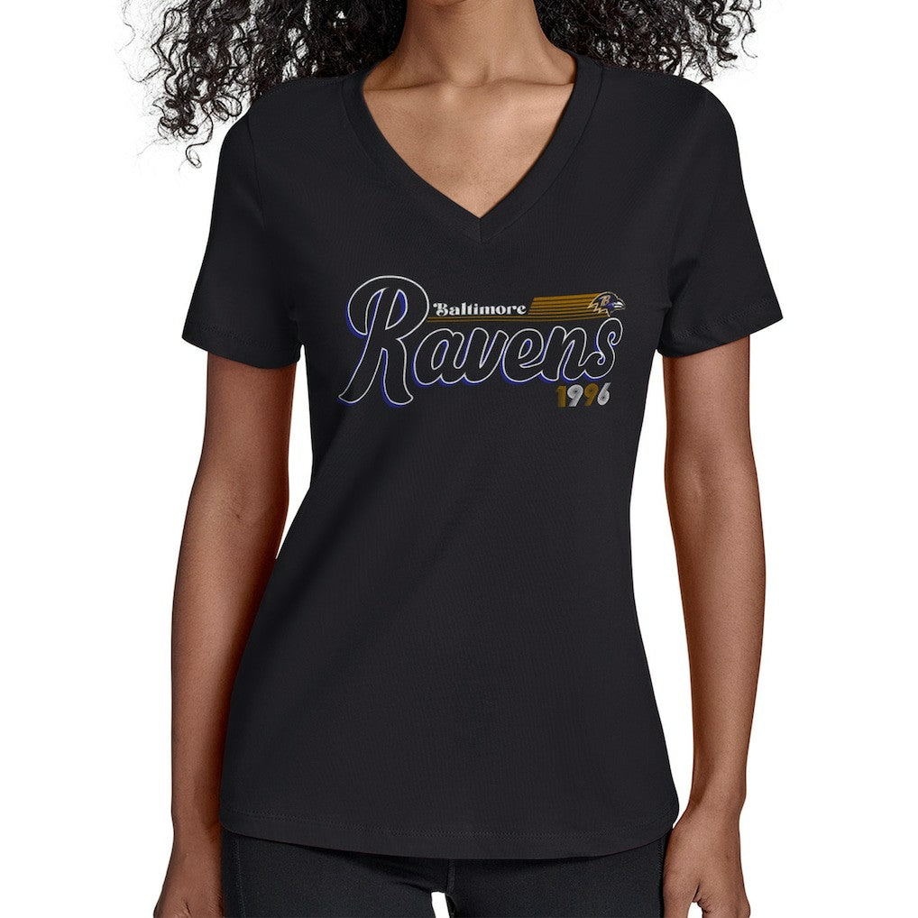 Baltimore Ravens Starter Women's Groovy Script V-Neck T-Shirt Black - NFL