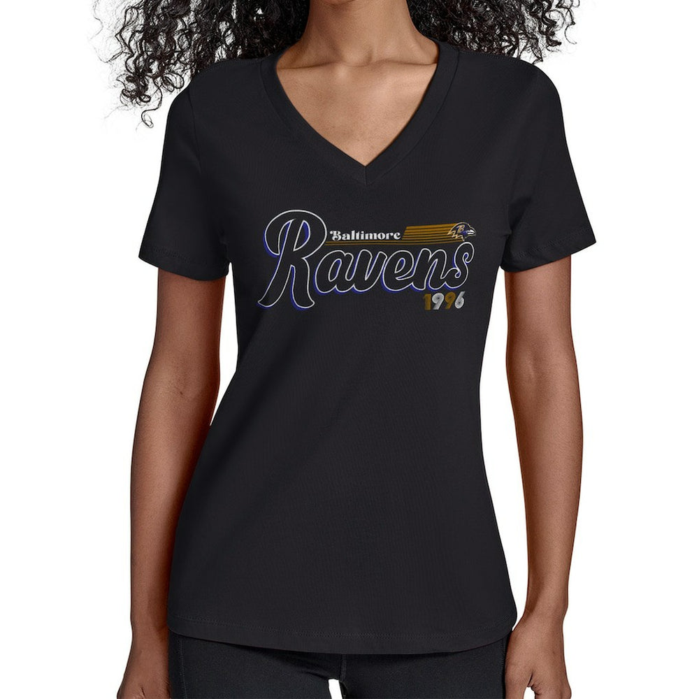 Baltimore Ravens Starter Women's Groovy Script V-Neck T-Shirt Black - NFL