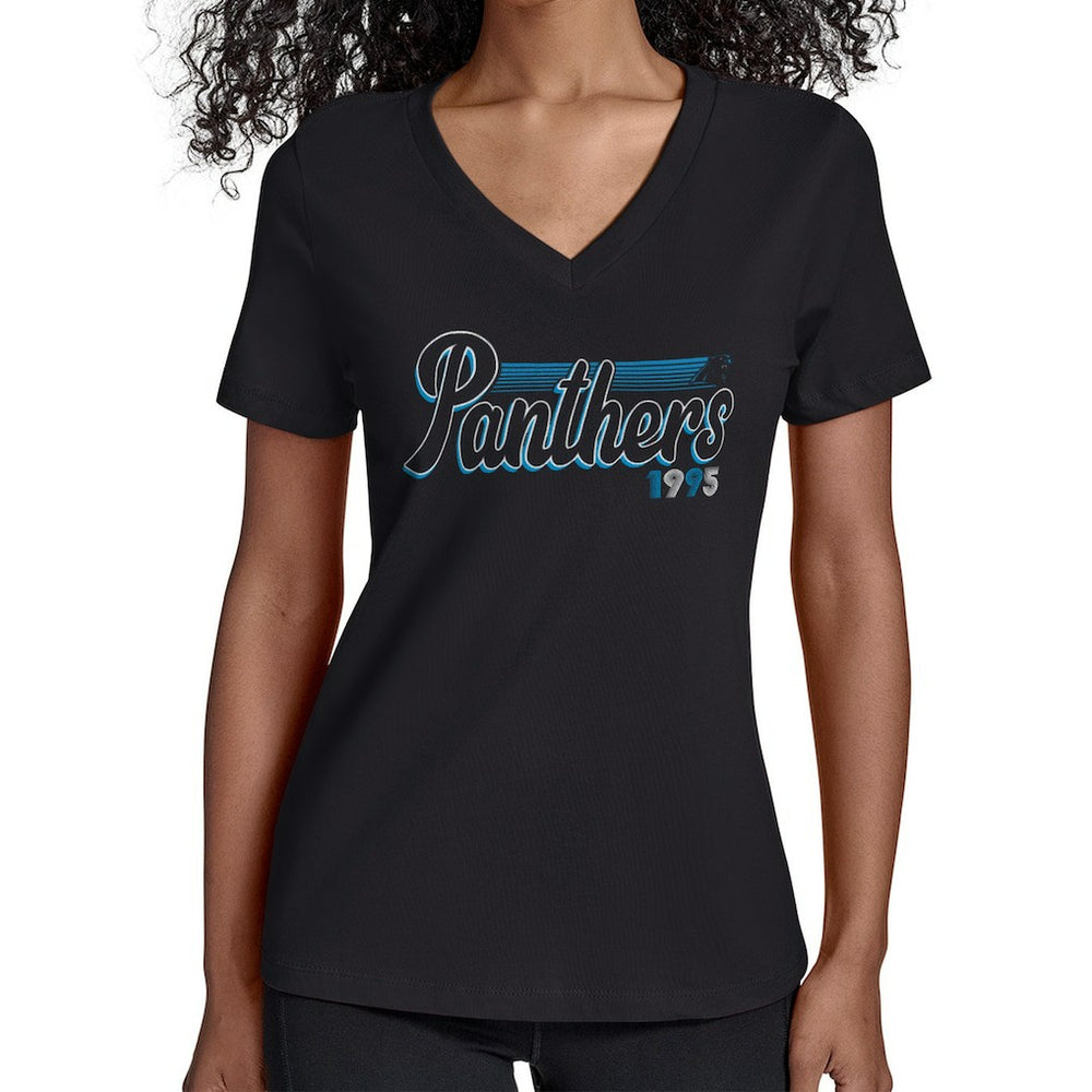 Carolina Panthers Starter Women's Groovy Script V-Neck T-Shirt Black - NFL