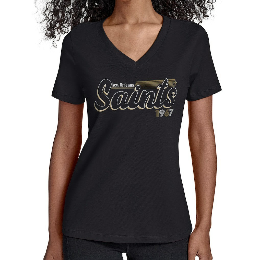 New Orleans Saints Starter Women's Groovy Script V-Neck T-Shirt Black - NFL
