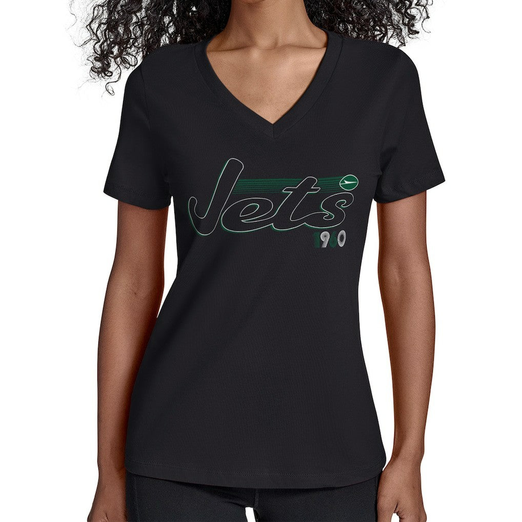 New York Jets Starter Women's Groovy Script V-Neck T-Shirt Black - NFL