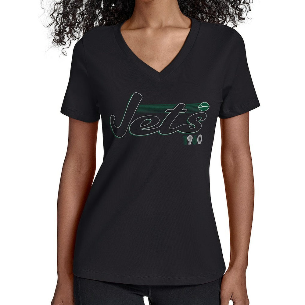 New York Jets Starter Women's Groovy Script V-Neck T-Shirt Black - NFL
