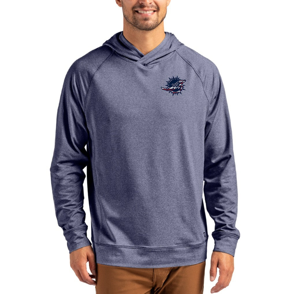 Miami Dolphins Cutter & Buck Adapt Americana Knit Recycled Raglan Pullover Hoodie Heather Navy - NFL