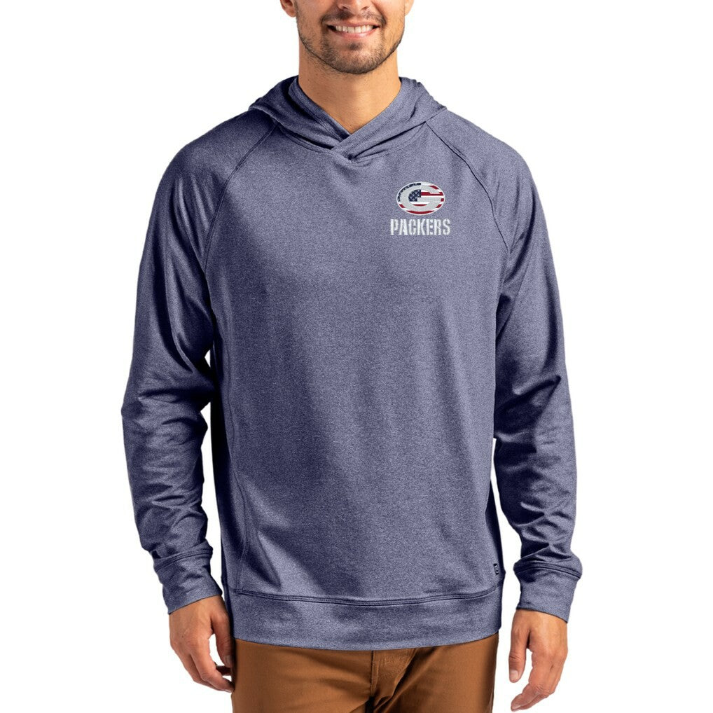 Green Bay Packers Cutter & Buck Adapt Americana Knit Recycled Raglan Pullover Hoodie Heather Navy - NFL