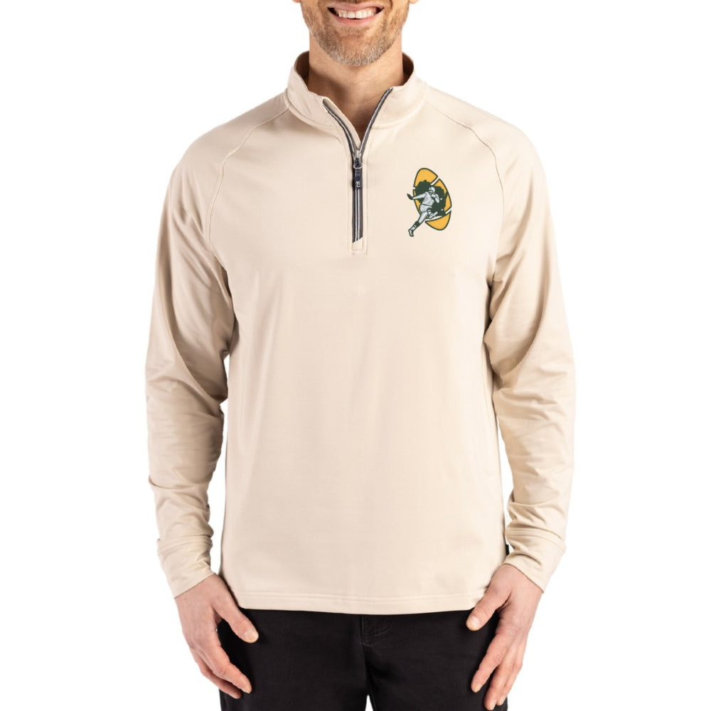 Green Bay Packers Cutter & Buck Throwback Logo Adapt Eco Knit Stretch Recycled Quarter-Zip Pullover Tan - NFL