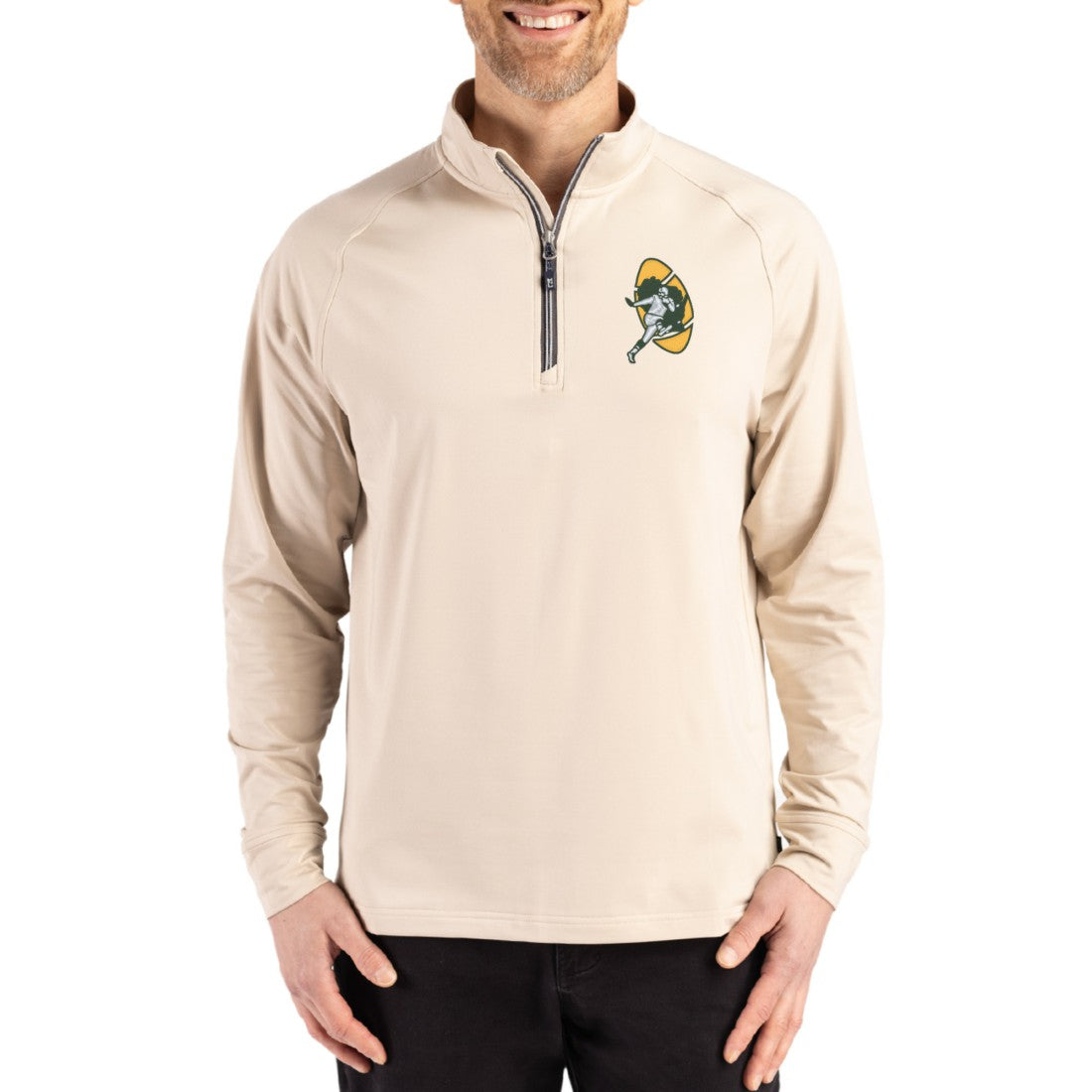 Green Bay Packers Cutter & Buck Throwback Logo Adapt Eco Knit Stretch Recycled Quarter-Zip Pullover Tan - NFL
