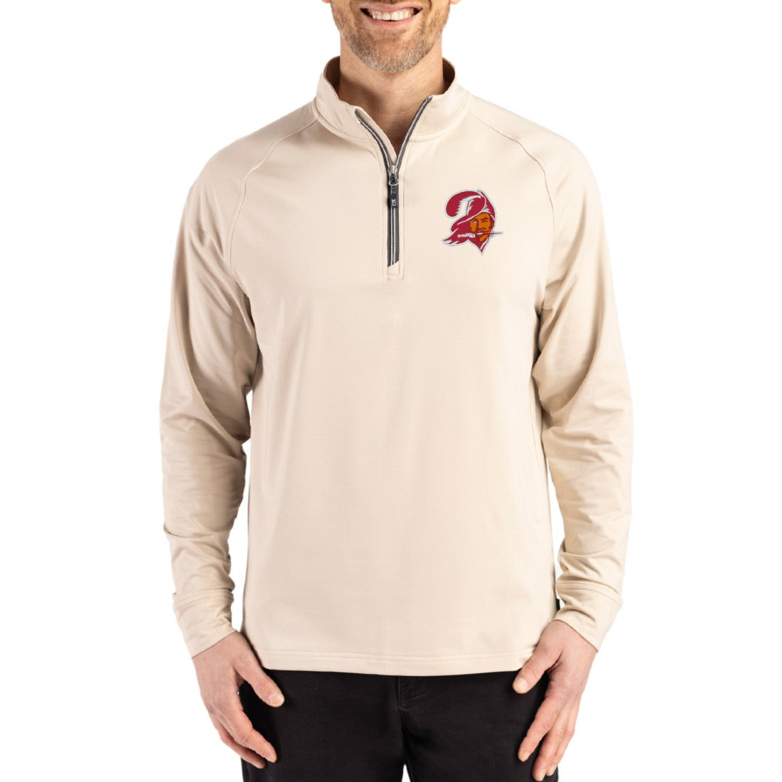 Tampa Bay Buccaneers Cutter & Buck Throwback Logo Adapt Eco Knit Stretch Recycled Quarter-Zip Pullover Tan - NFL