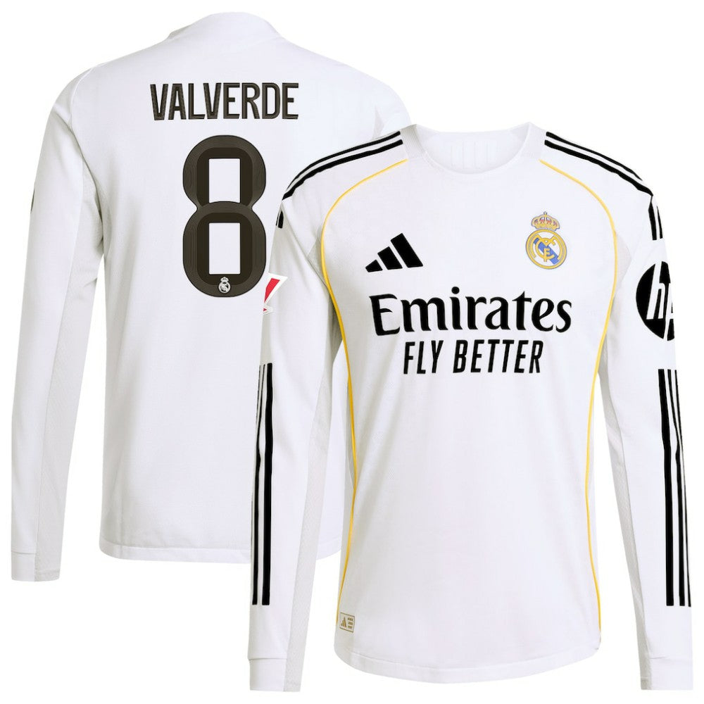 Adidas Federico Valverde Real Madrid 2025/26 Home Long Sleeve Jerseys - White