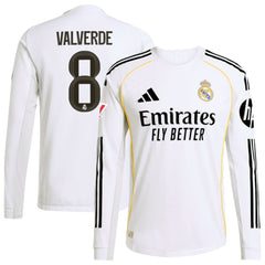 Adidas Federico Valverde Real Madrid 2025/26 Home Long Sleeve Jerseys - White