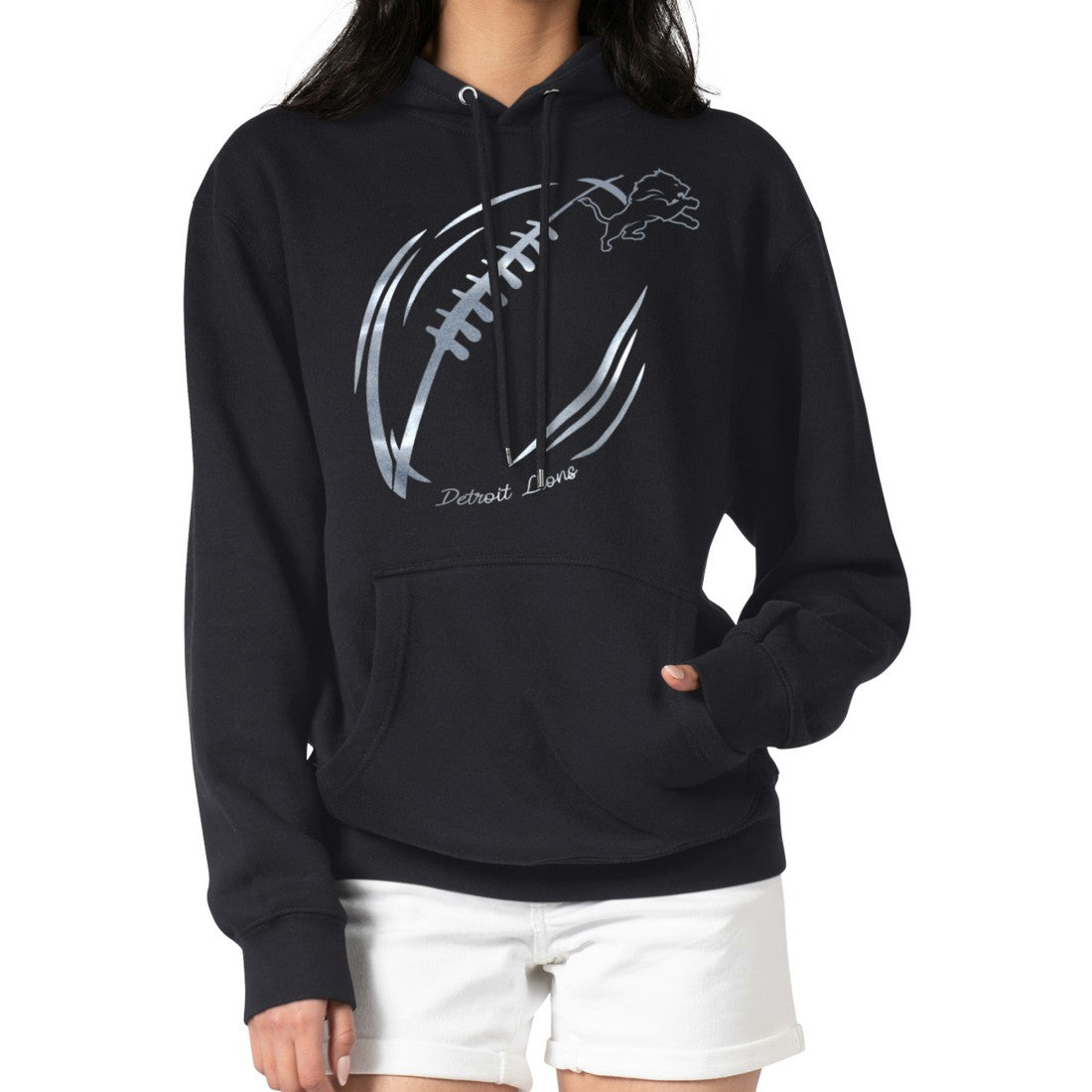 Detroit Lions G-III 4Her by Carl Banks Women's Metallic Print Football Sketch Fleece Pullover Hoodie Black - NFL