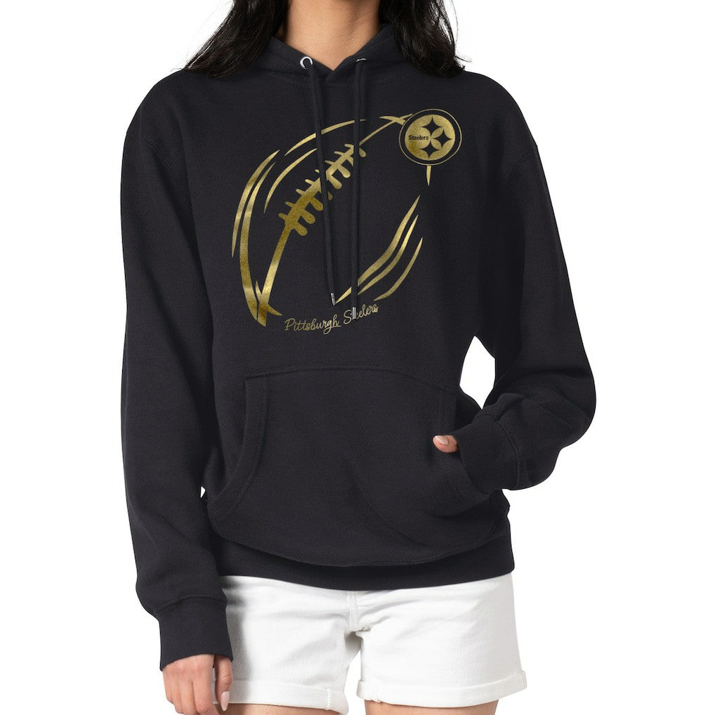 Pittsburgh Steelers G-III 4Her by Carl Banks Women's Metallic Print Football Sketch Fleece Pullover Hoodie Black - NFL