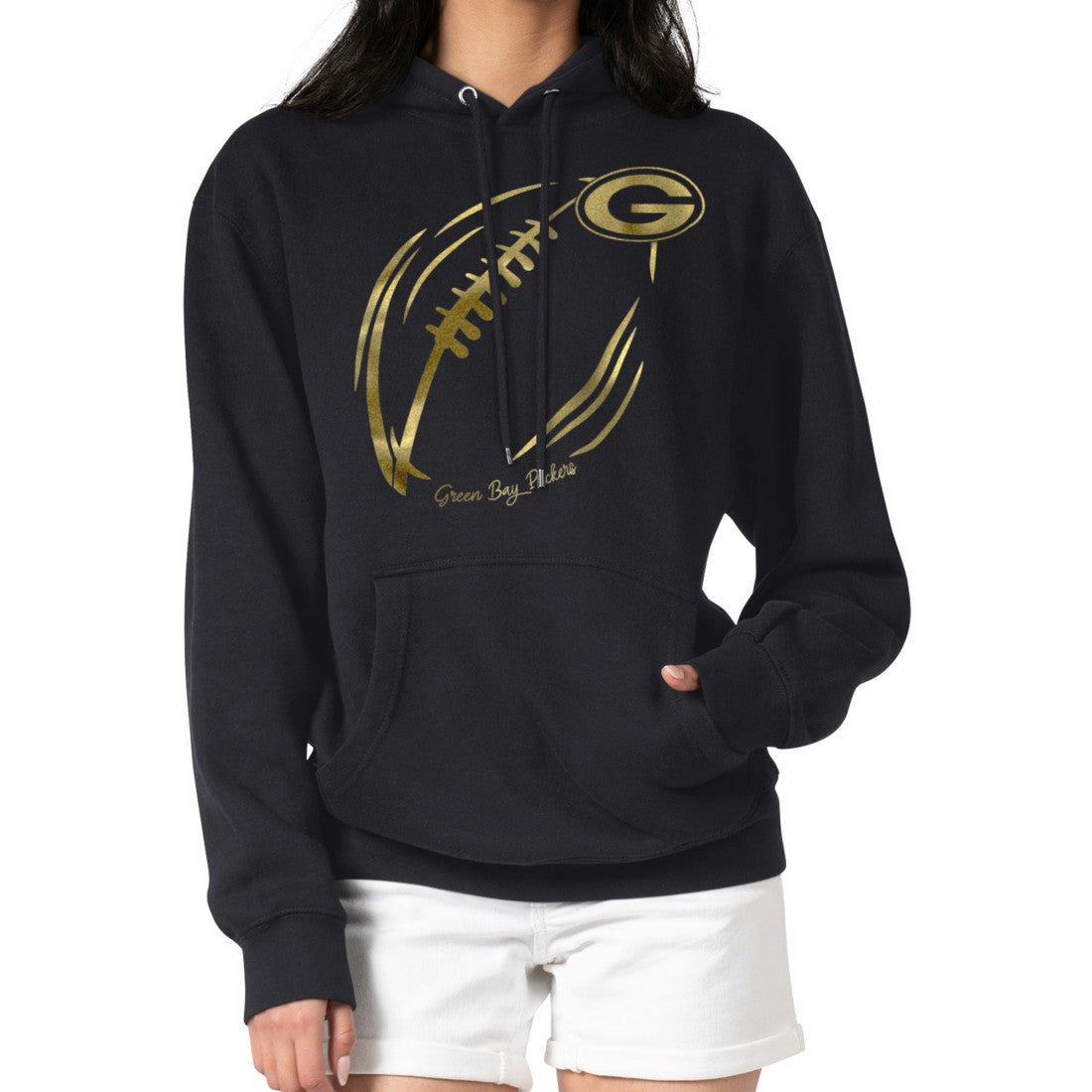 Green Bay Packers G-III 4Her by Carl Banks Women's Metallic Print Football Sketch Fleece Pullover Hoodie Black - NFL