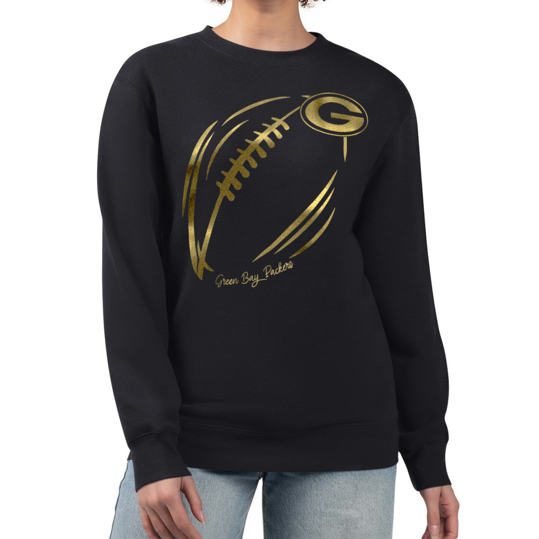 Green Bay Packers G-III 4Her by Carl Banks Women's Metallic Print Football Sketch Fleece Crewneck Sweatshirt Black - NFL