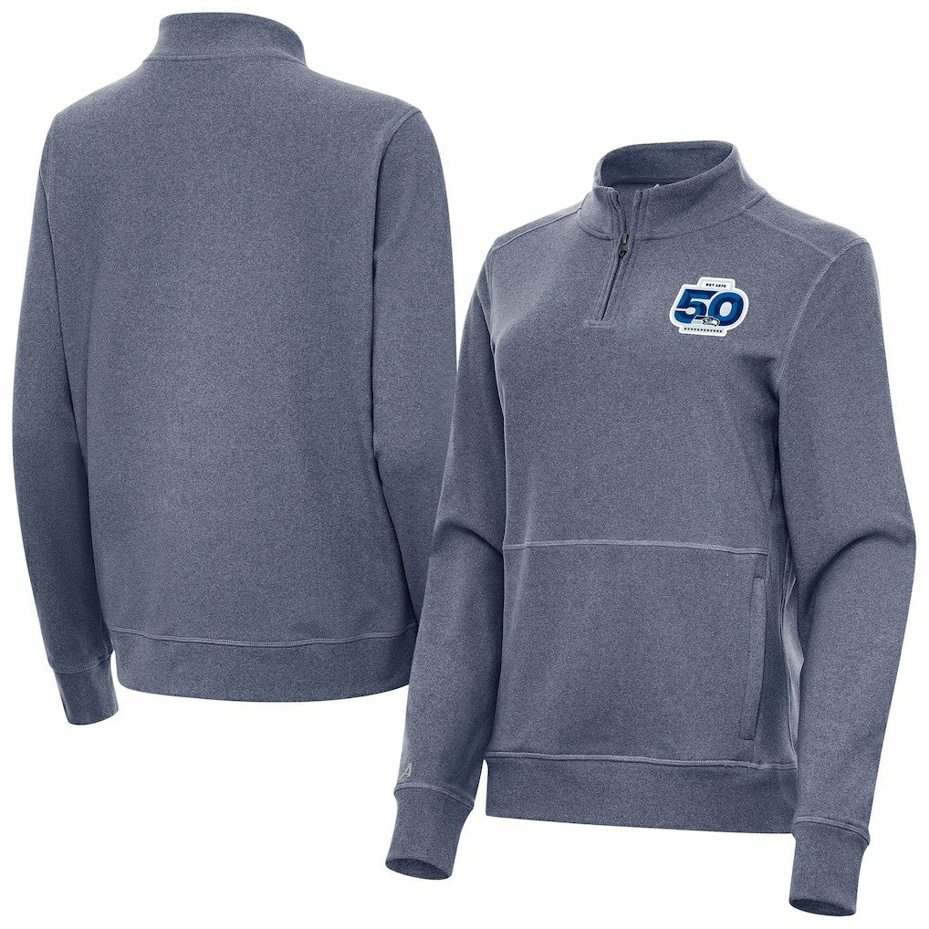 Seattle Seahawks Antigua Women's 50th Season Crush Quarter-Zip Pullover Heather Navy - NFL