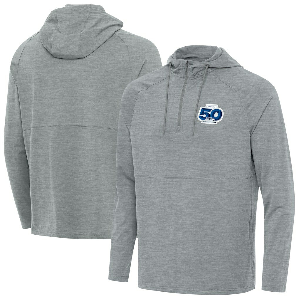 Seattle Seahawks Antigua 50th Season Spikes Raglan Quarter-Zip Hoodie Heather Gray - NFL