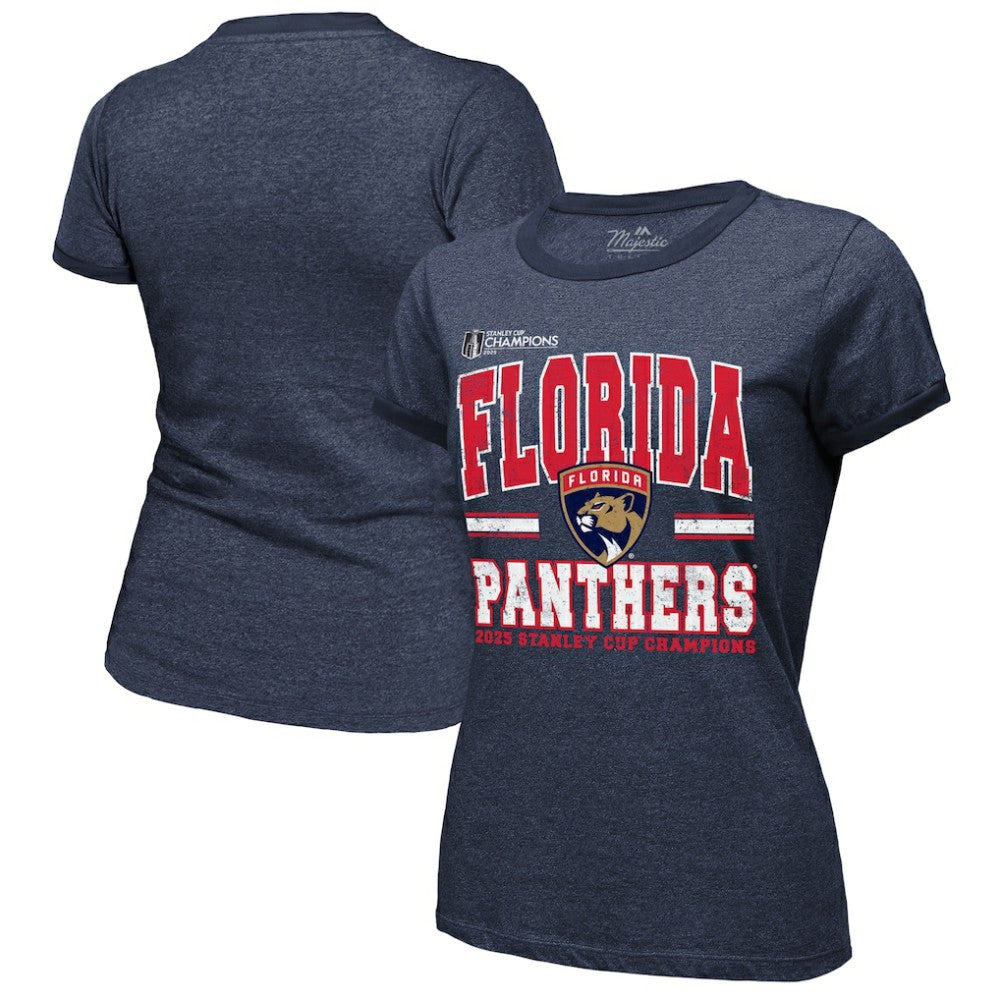 Florida Panthers - Majestic Threads Women's 2025 Stanley Cup Champions Tri-Blend Ringer T-Shirt Navy