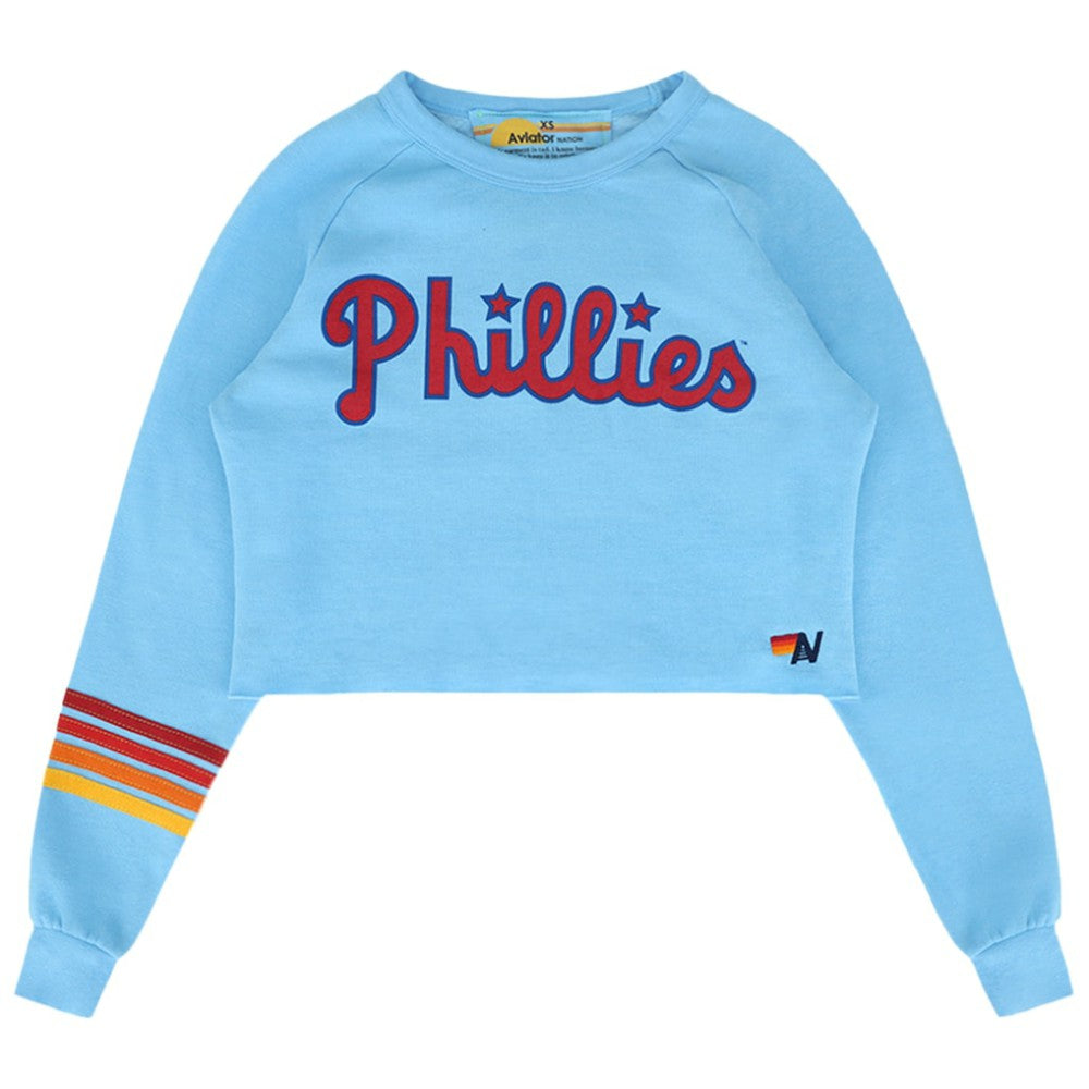 Philadelphia Phillies Aviator Nation x MLB Women's Rugby Stitch Cropped Tri-Blend Sweatshirt On Sale