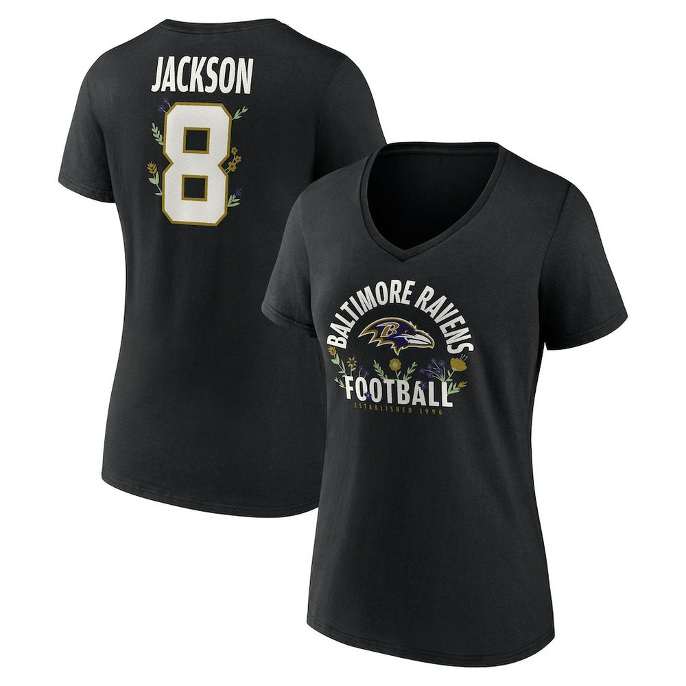 Lamar Jackson Baltimore Ravens Women's Floral Name & Number V-Neck T-Shirt Black - NFL