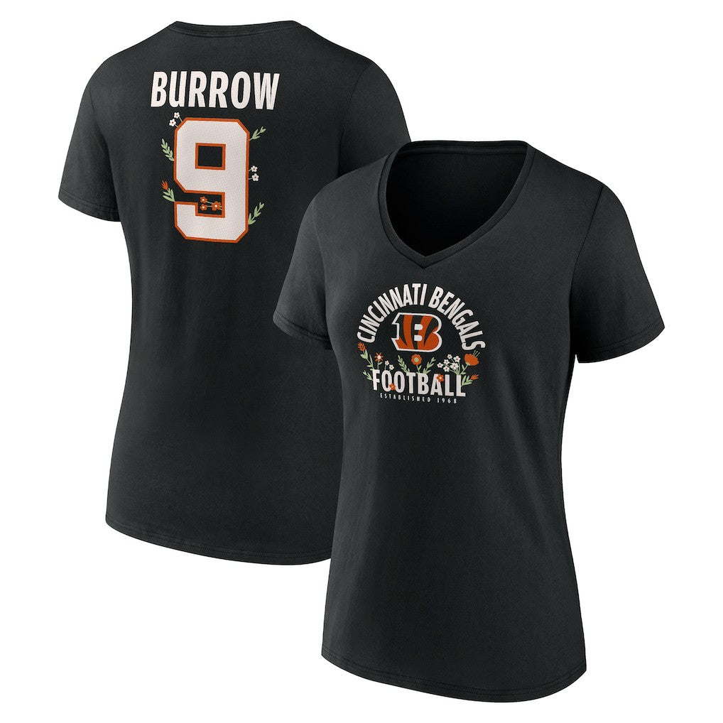 Joe Burrow Cincinnati Bengals Women's Floral Name & Number V-Neck T-Shirt Black - NFL