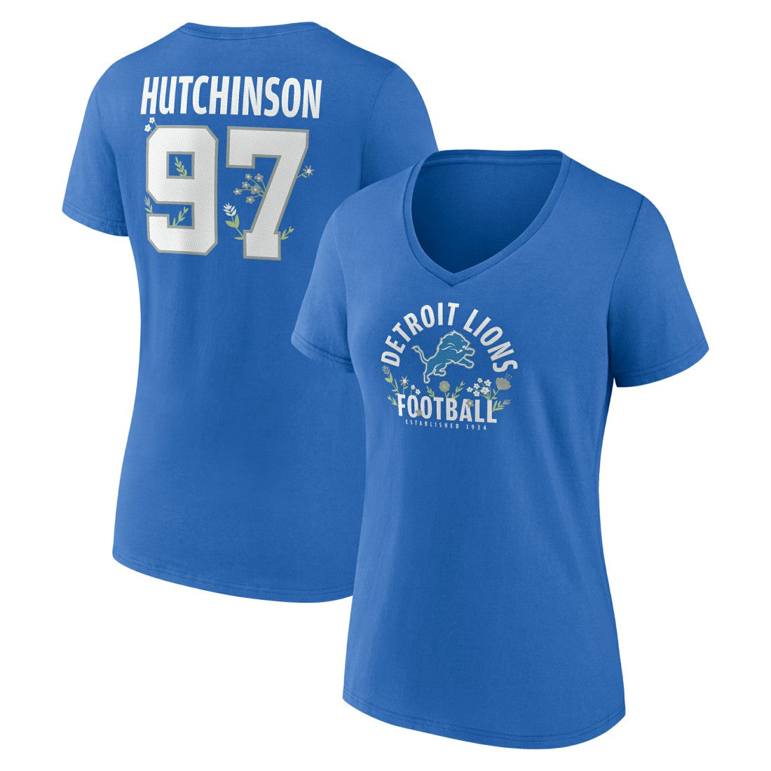 Aidan Hutchinson Detroit Lions Women's Floral Name & Number V-Neck T-Shirt Blue - NFL