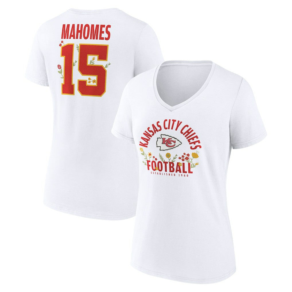 Patrick Mahomes Kansas City Chiefs Women's Floral Name & Number V-Neck T-Shirt White - NFL