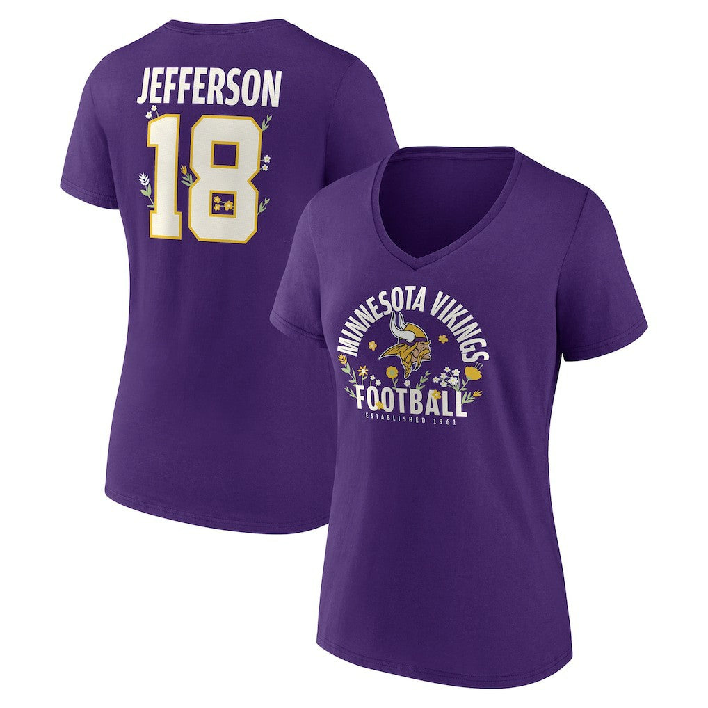 Justin Jefferson Minnesota Vikings Women's Floral Name & Number V-Neck T-Shirt Purple - NFL
