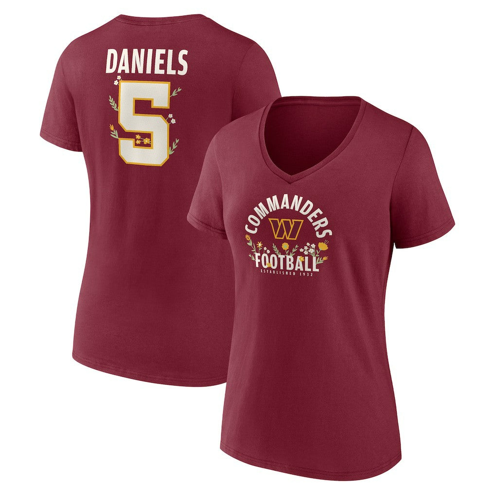 Jayden Daniels Washington Commanders Women's Floral Name & Number V-Neck T-Shirt Garnet - NFL