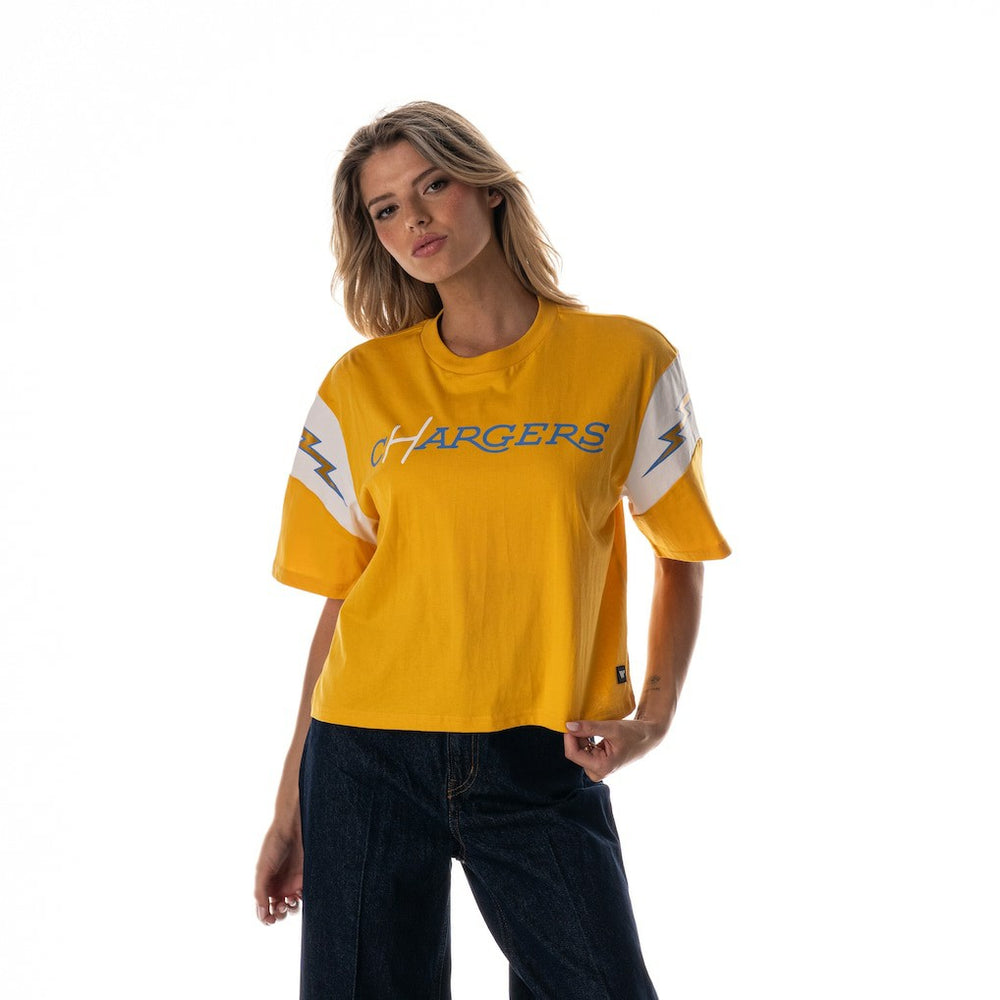 Los Angeles Chargers The Wild Collective Women's Charger Power Contrast Sleeve Insert T-Shirt Gold - NFL