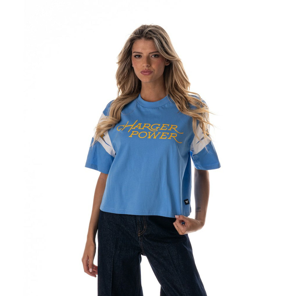 Los Angeles Chargers The Wild Collective Women's Charger Power Contrast Sleeve Insert T-Shirt Powder Blue - NFL