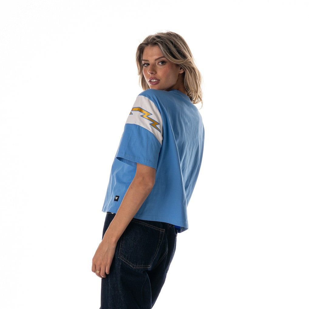 Los Angeles Chargers The Wild Collective Women's Charger Power Contrast Sleeve Insert T-Shirt Powder Blue - NFL