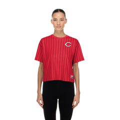 Cincinnati Reds New Era Women's Throwback Meshback Pinstripe Boxy T-Shirt for sale