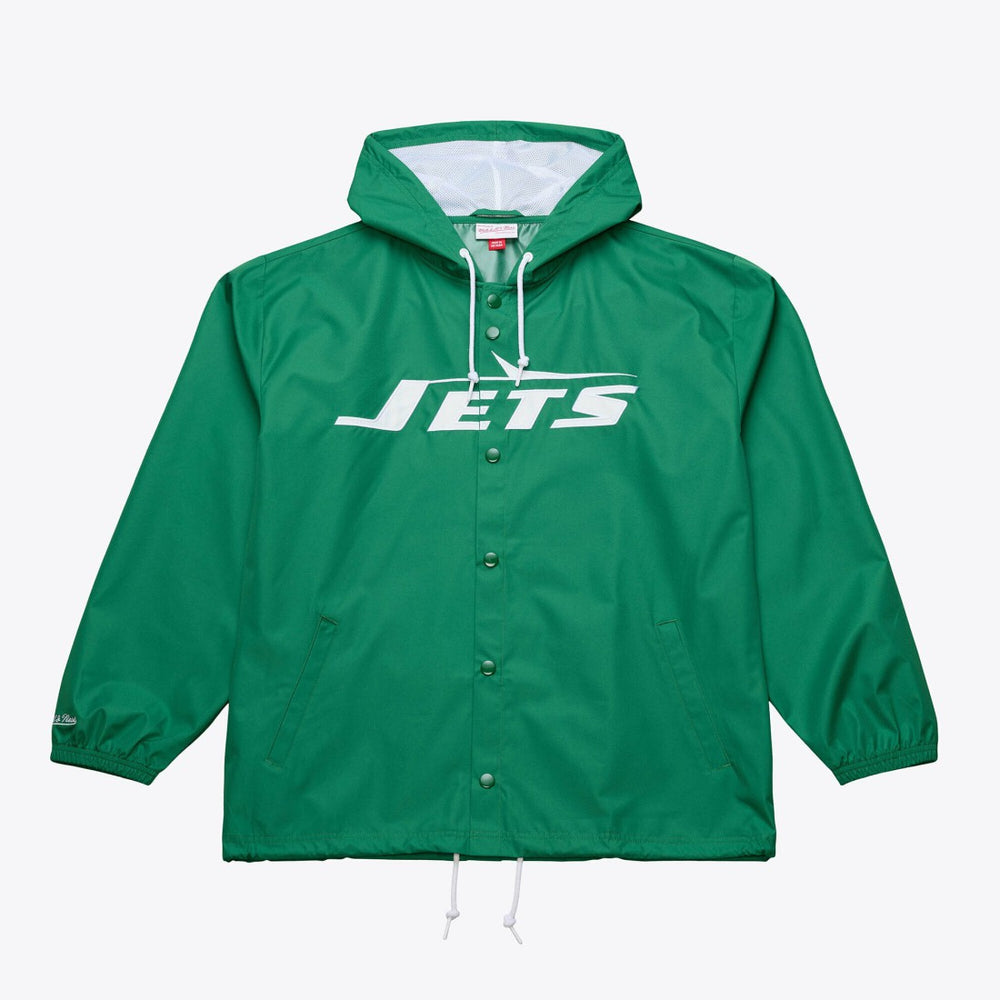 New York Jets Coaches Full-Snap Hooded Windbreaker Jacket Green - Mitchell & Ness