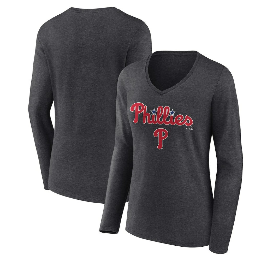 Philadelphia Phillies Women's Team Lockup Long Sleeve V-Neck T-Shirt for sale