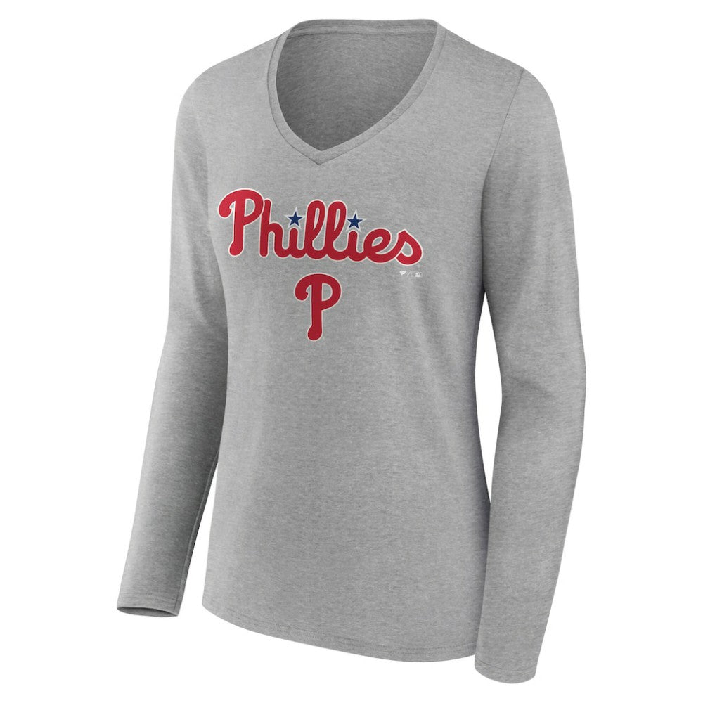 Philadelphia Phillies Women's Team Lockup Long Sleeve V-Neck T-Shirt On Sale