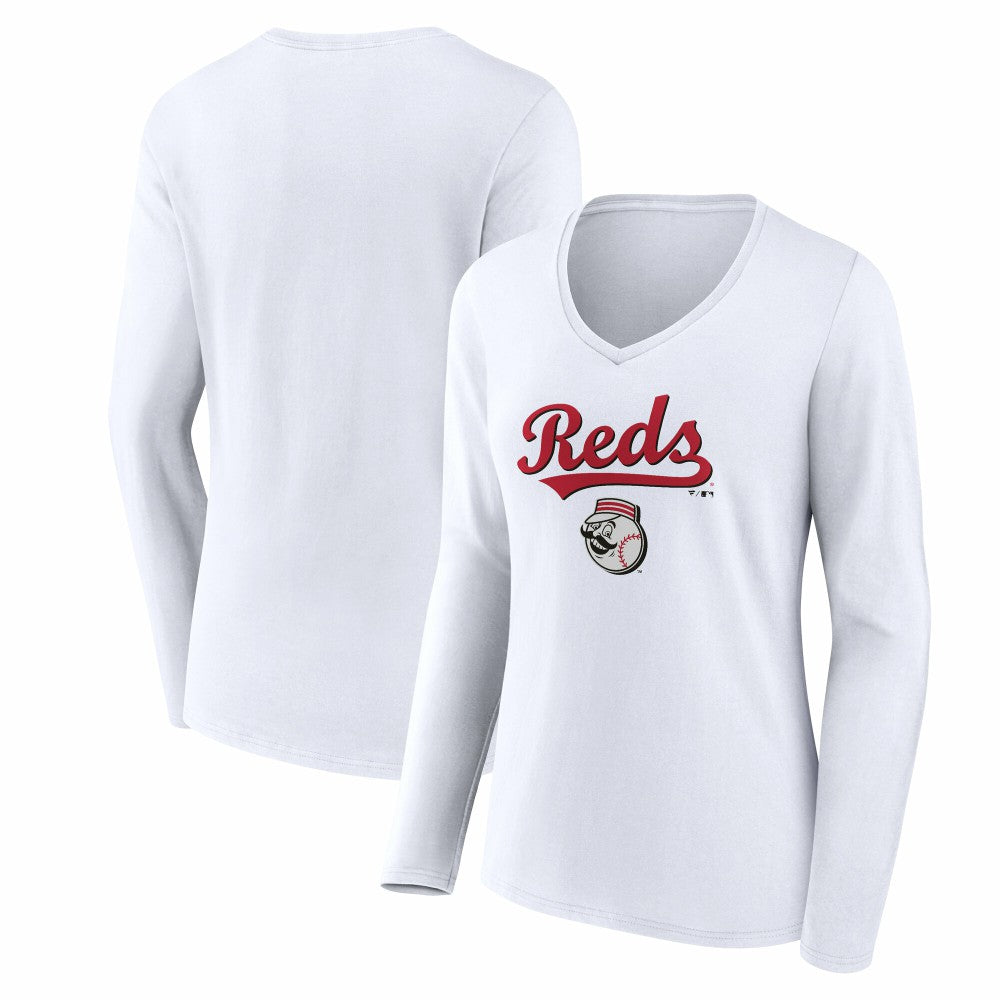 Cincinnati Reds Women's Team Lockup Long Sleeve V-Neck T-Shirt Clearance