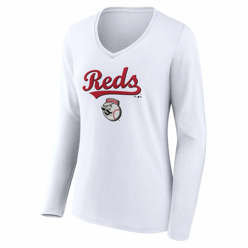 Cincinnati Reds Women's Team Lockup Long Sleeve V-Neck T-Shirt Clearance