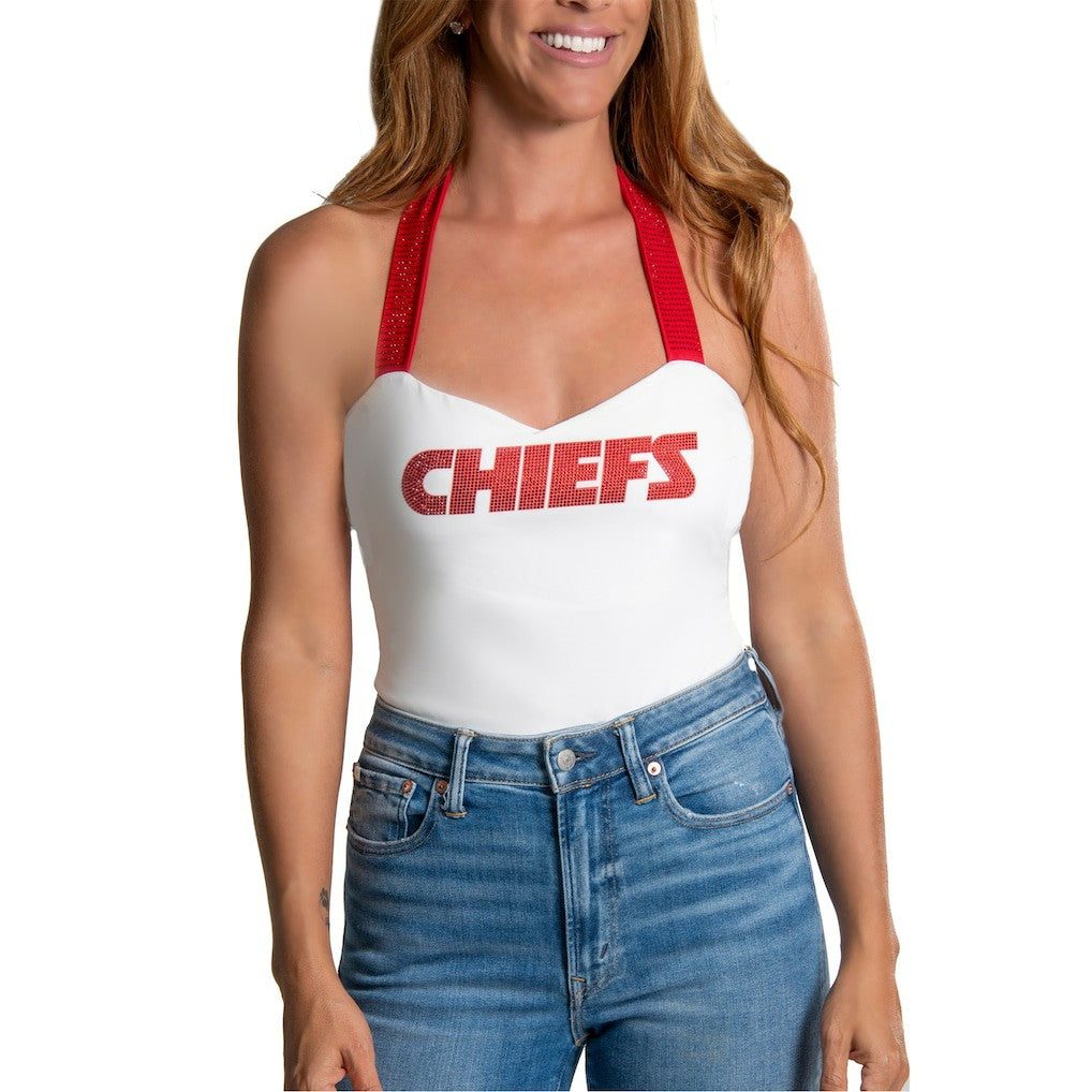Kansas City Chiefs Cuce Women's Rhinestone Semi-Cropped Halter Tank White - NFL